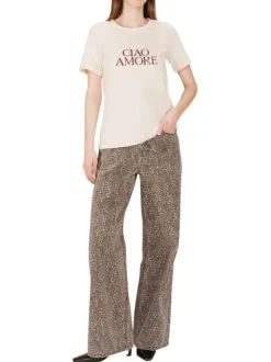 T-shirt en coton écru imprimé avec une coupe droite et un col rond