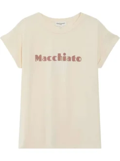 T-shirt en coton écru à imprimé avec une coupe droite et un col rond