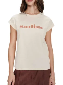 T-shirt en coton écru à imprimé avec une coupe droite et un col rond