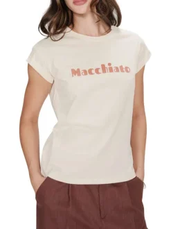 T-shirt en coton écru à imprimé avec une coupe droite et un col rond