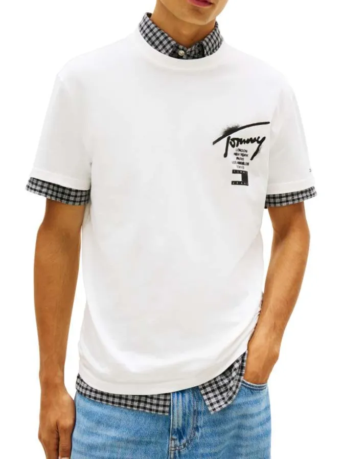 T-shirt en coton écru à imprimé avec une coupe droite et un col rond