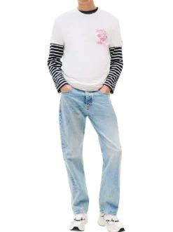 T-shirt en coton écru imprimé avec une coupe droite et un col rond