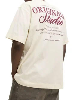 T-shirt en coton écru imprimé à coupe droite pourvu d'un col rond