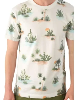 T-shirt en coton écru imprimé désert avec une coupe droite et un col rond