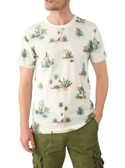 T-shirt en coton écru imprimé désert avec une coupe droite et un col rond