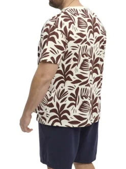 T-shirt en coton écru à imprimé feuilles bordeaux et à col rond
