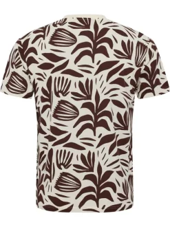 T-shirt en coton écru à imprimé feuilles bordeaux et à col rond