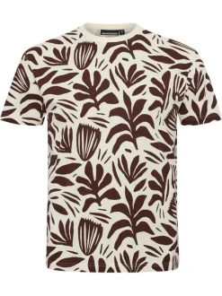 T-shirt en coton écru à imprimé feuilles bordeaux et à col rond