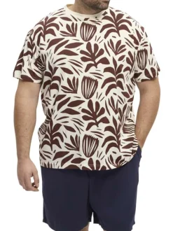 T-shirt en coton écru à imprimé feuilles bordeaux et à col rond