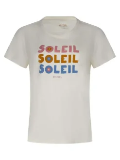 T-shirt en coton écru imprimé à la poitrine avec un col rond