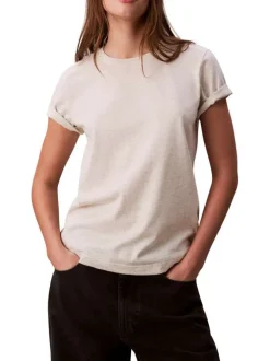 T-shirt en coton écru moucheté avec une coupe droite et un col rond