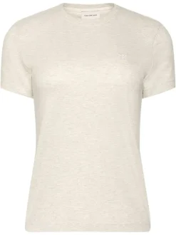 T-shirt en coton écru moucheté avec une coupe droite et un col rond