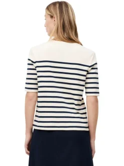 T-shirt en coton écru à rayures avec une coupe droite et un col rond