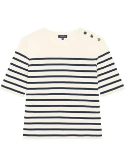 T-shirt en coton écru à rayures avec une coupe droite et un col rond