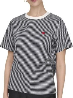 T-shirt en coton écru à rayures avec un petit cœur brodé et à col rond
