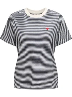 T-shirt en coton écru à rayures avec un petit cœur brodé et à col rond