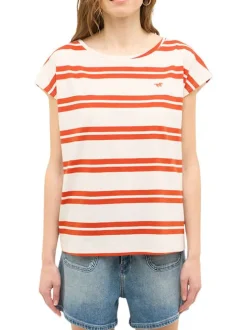 T-shirt en coton écru à rayures oranges et à col rond avec le logo brodé