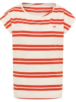 T-shirt en coton écru à rayures oranges et à col rond avec le logo brodé