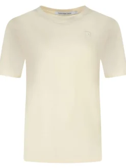 T-shirt en coton écru uni avec logo brodé un col rond côtelé et une coupe droite