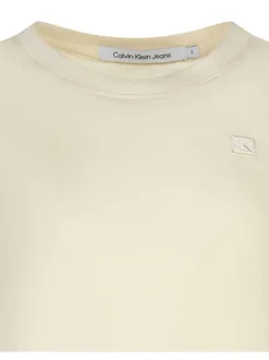 T-shirt en coton écru uni avec logo brodé un col rond côtelé et une coupe droite