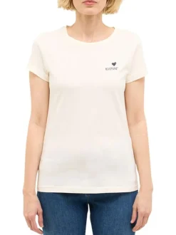 T-shirt en coton écru uni avec logo imprimé à la poitrine avec un col rond