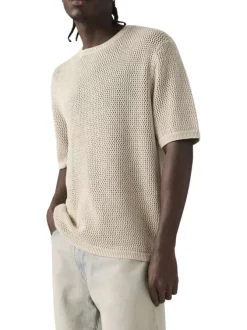 T-shirt en coton écru uni avec une coupe droite et un col rond bord côte