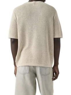 T-shirt en coton écru uni avec une coupe droite et un col rond bord côte