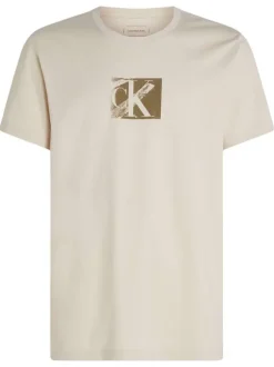 T-shirt en coton écru uni avec une coupe droite et un imprimé kaki à la poitrine