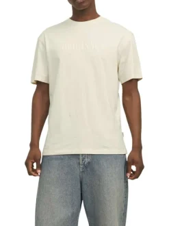 T-shirt en coton écru uni à coupe droite avec une écriture en relief