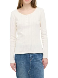 T-shirt en coton écru uni en maille ajourée avec un col tunisien
