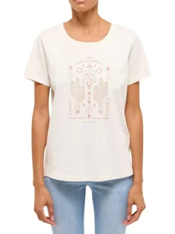 T-shirt en coton écru uni pourvu d'un col rond et d'une coupe droite