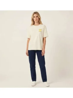 T-shirt en coton écru uni pourvu d'une coupe ample et d'un col rond