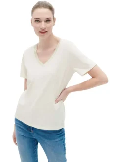 T-shirt en coton et lin mélangé beige à coupe droite pourvu d'un col v