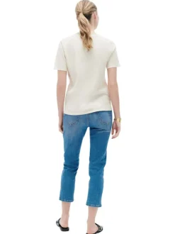 T-shirt en coton et lin mélangé beige à coupe droite pourvu d'un col v