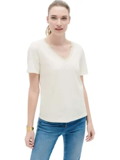 T-shirt en coton et lin mélangé beige à coupe droite pourvu d'un col v