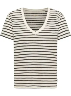 T-shirt en coton et lin mélangé blanc à rayures pourvu d'un col v