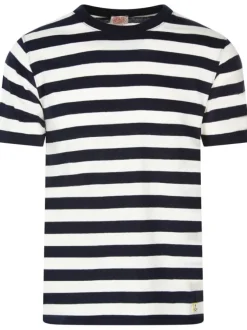 T-shirt en coton et lin mélangé marine rayé avec une coupe droite et col rond
