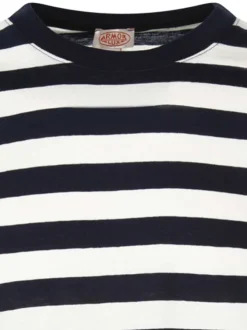 T-shirt en coton et lin mélangé marine rayé avec une coupe droite et col rond