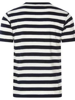 T-shirt en coton et lin mélangé marine rayé avec une coupe droite et col rond