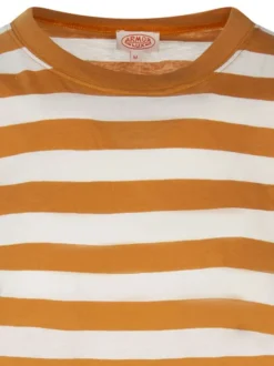 T-shirt en coton et lin mélangé orange rayé avec une coupe droite et col rond