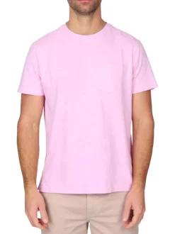 T-shirt en coton et lin mélangé rose à coupe droite pourvu d'un col rond
