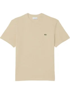 T-shirt en coton et lin mélangés beige à coupe ajustée pourvu d'un col rond