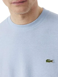 T-shirt en coton et lin mélangés bleu à coupe ajustée pourvu d'un col rond