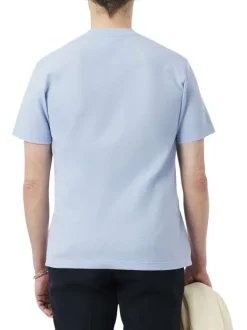 T-shirt en coton et lin mélangés bleu à coupe ajustée pourvu d'un col rond