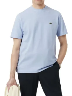 T-shirt en coton et lin mélangés bleu à coupe ajustée pourvu d'un col rond