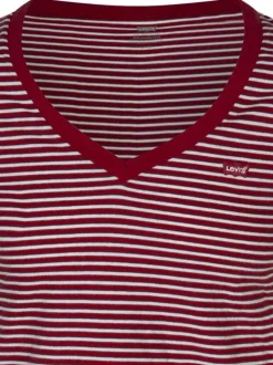 T-shirt en coton framboise rayé avec une coupe droite et un col v