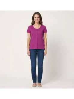 T-shirt en coton fuchsia uni pourvu d'un col rond de manches courtes