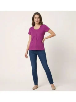 T-shirt en coton fuchsia uni pourvu d'un col rond de manches courtes