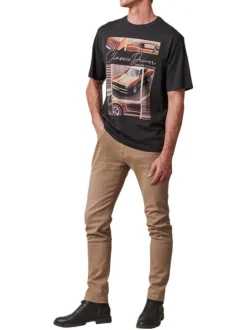 T-shirt en coton gris anthracite imprimé à l'avant à coupe droite