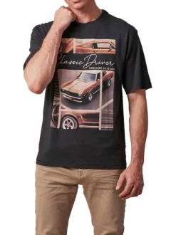 T-shirt en coton gris anthracite imprimé à l'avant à coupe droite